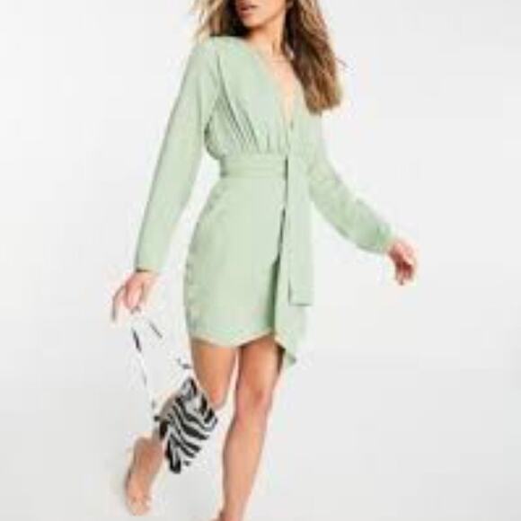 ASOS DESIGN Plunge Mini Dress with Wrap Drape Skirt Sage Green Size 10 - Picture 9 of 9